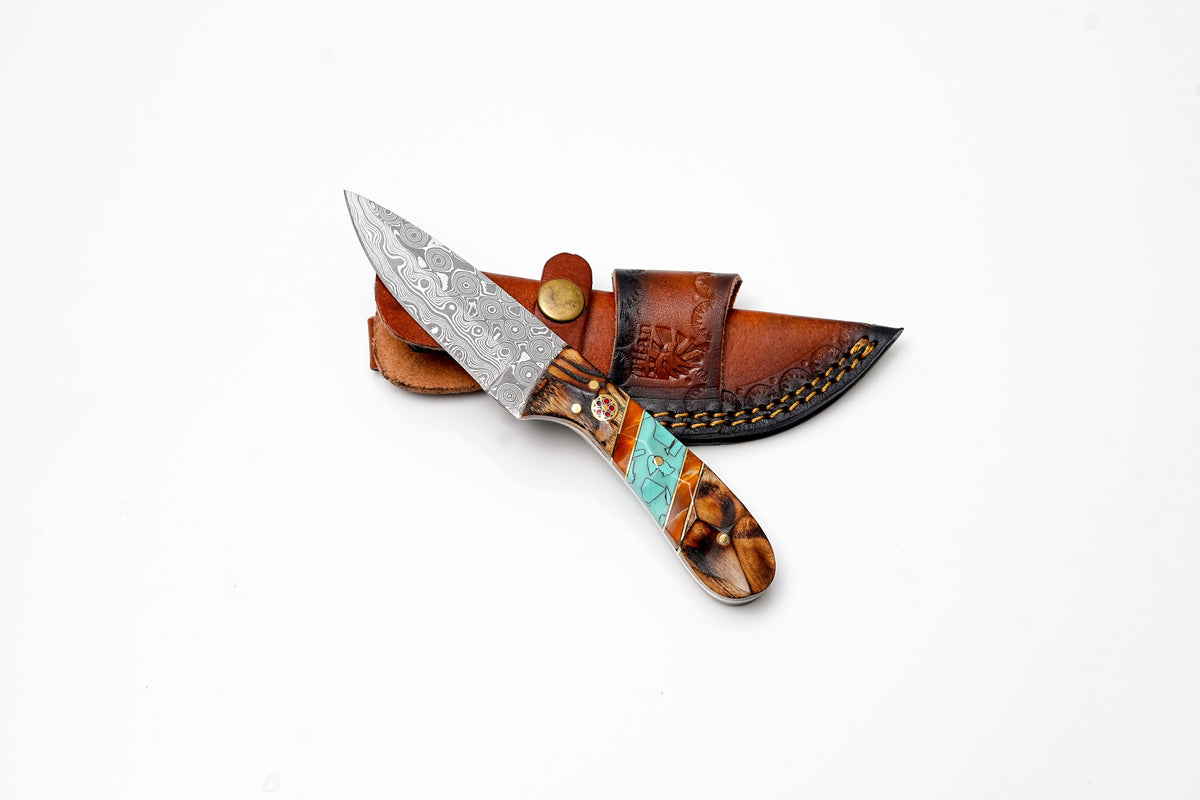 Damascus drop point hunter knife with zebrawood turquoise amber resin handle leather sheath on Tampa Home & Garden Store