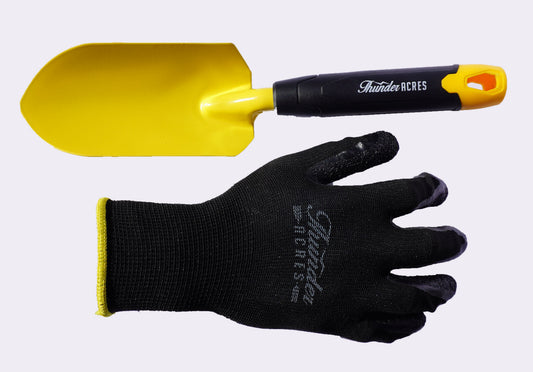 Yellow carbon steel handheld garden shovel with Thunder Acres grip and black gloves on Tampa Home & Garden Store
