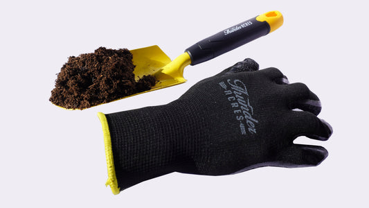 Garden shovel yellow carbon steel with black grip and included gloves by Thunder Acres on Tampa Home & Garden Store