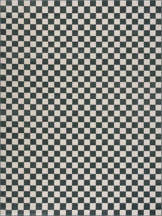 Kaysar Oil Green Checkered Washable Area Rug by Boutique Rugs in black ivory checkerboard on Tampa Home & Garden Store