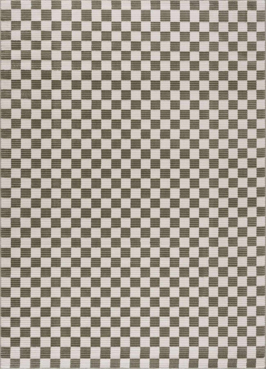 Kaysar olive green checkered washable area rug featuring beige squares by Boutique Rugs on Tampa Home & Garden Store