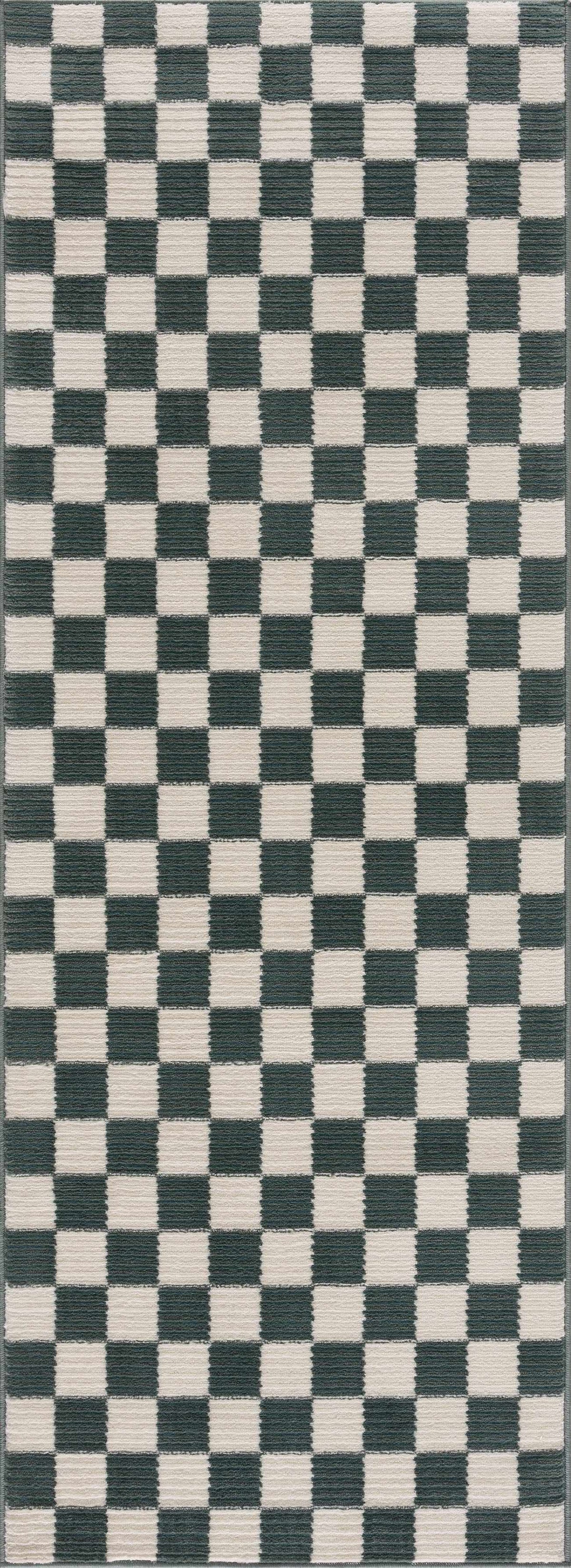 Kaysar Oil Green Checkered Washable Area Rug dark green and cream checker pattern on Tampa Home & Garden Store