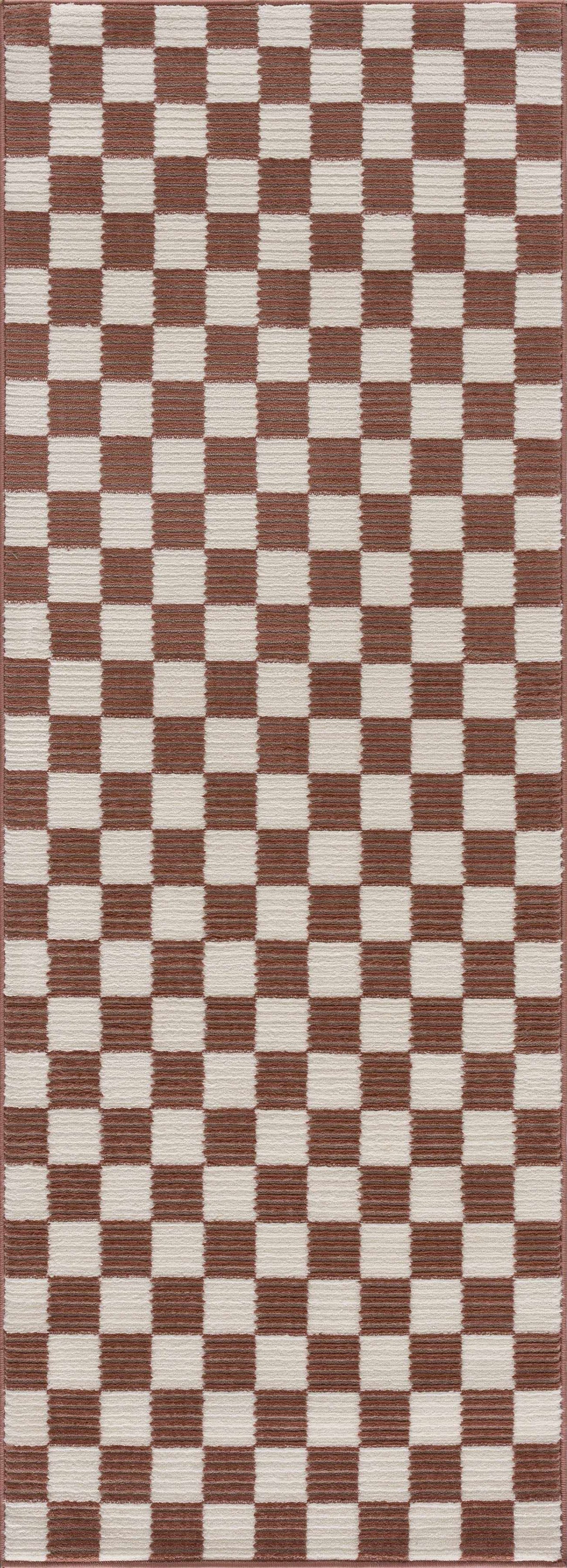 Kaysar Brown Checkered Washable Area Rug by Boutique Rugs, brown checkerboard, rectangular on Tampa Home & Garden Store