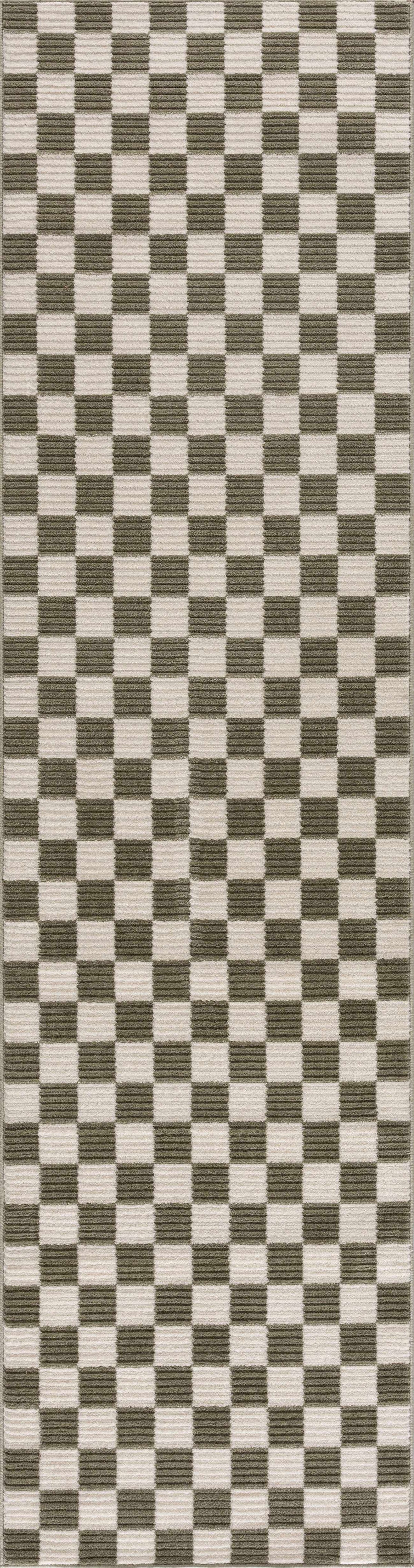 Kaysar olive green checkered washable area rug by Boutique Rugs with beige checker pattern on Tampa Home & Garden Store