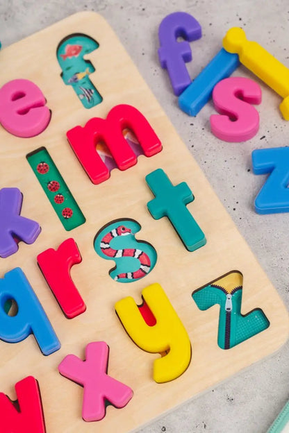 xyz Find & Fit Puzzle wooden board with colorful foam letters and animal-themed cutouts on Tampa Home & Garden Store
