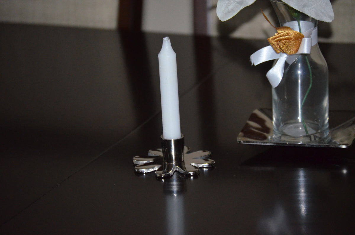 Vibhsa silver flower candle holder with white taper candle, 4-inch handcrafted aluminum on Tampa Home & Garden Store