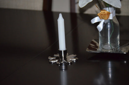 Vibhsa silver flower candle holder with white taper candle, 4-inch handcrafted aluminum on Tampa Home & Garden Store