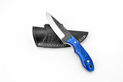 Titan TC-105 high carbon steel utility knife with blue marbled handle and leather sheath on Tampa Home & Garden Store