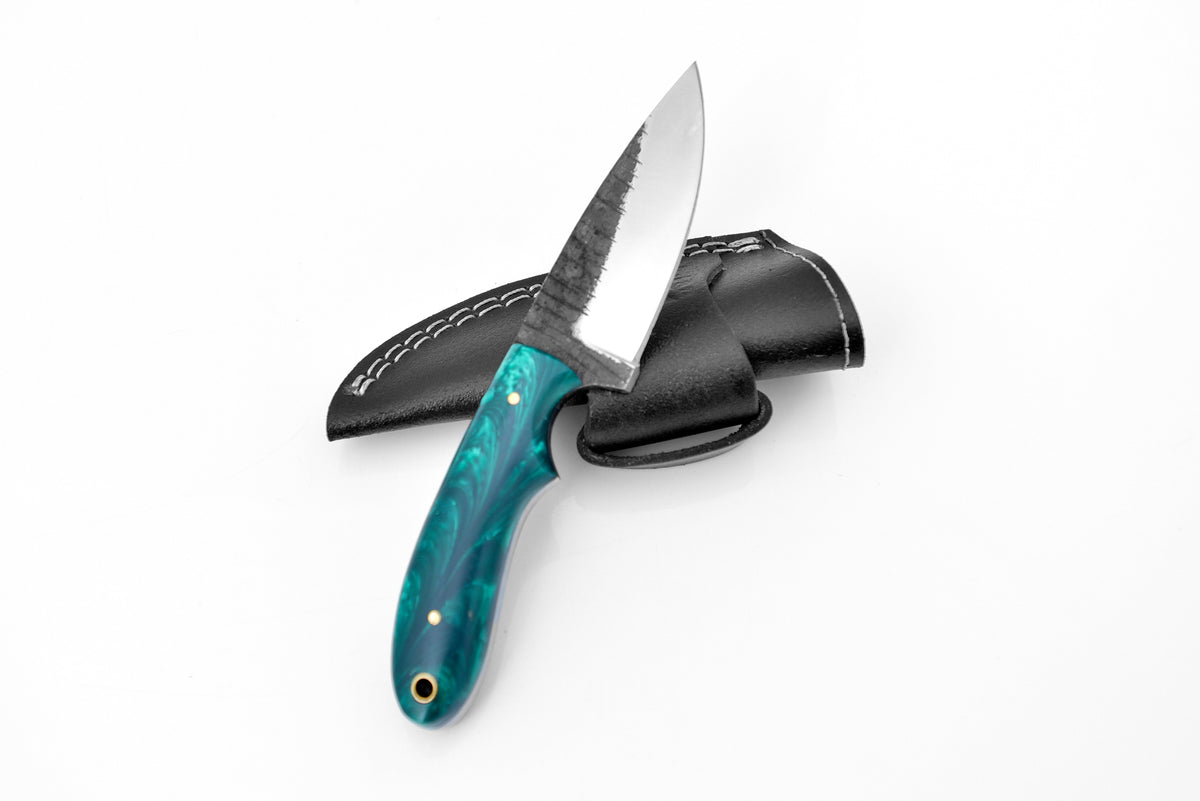 High Carbon Steel Utility Knife TC-106 by Titan Intl K with teal marbled handle on Tampa Home & Garden Store