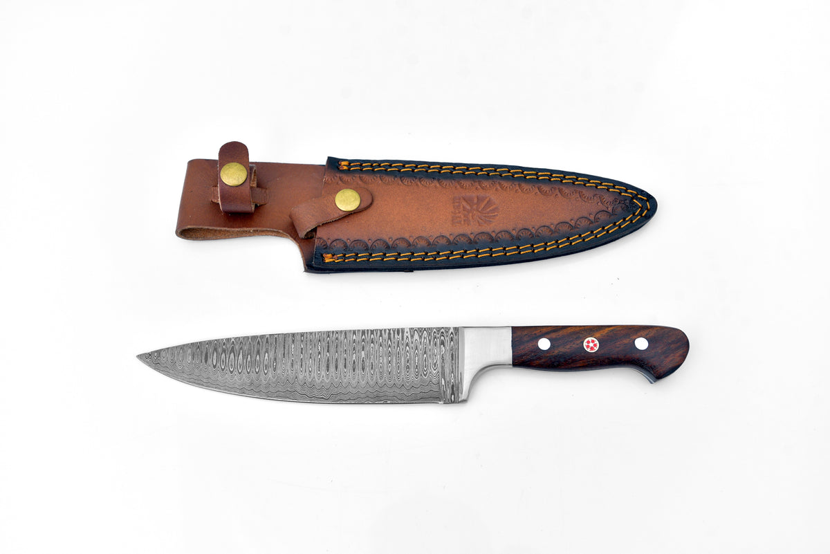 Damascus TD-211 knife by Titan Intl with patterned blade and wooden handle, leather sheath on Tampa Home & Garden Store