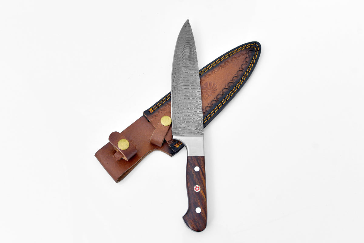 Damascus TD-211 knife by Titan Int'l K with Damascus blade and wooden handle in leather sheath on Tampa Home & Garden Store