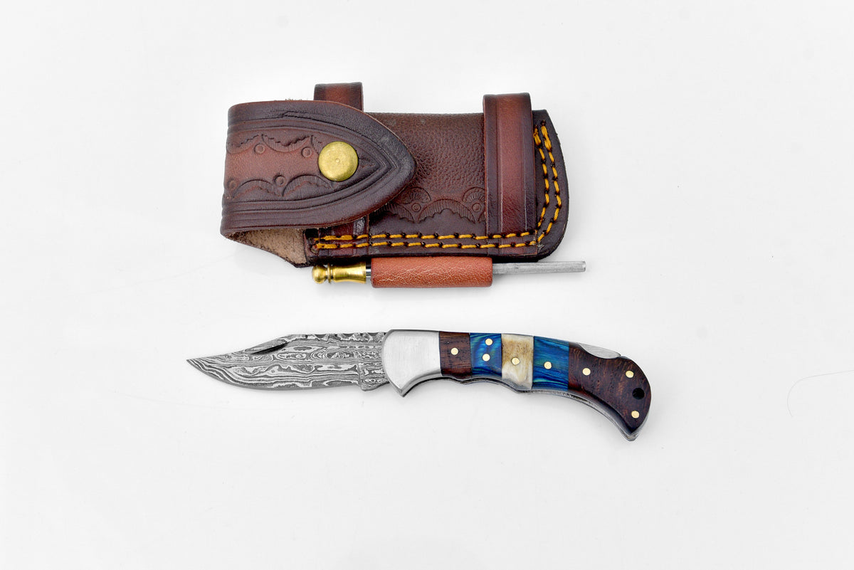 Damascus TF-071 knife by Titan International K with blue ivory handle in leather sheath on Tampa Home & Garden Store