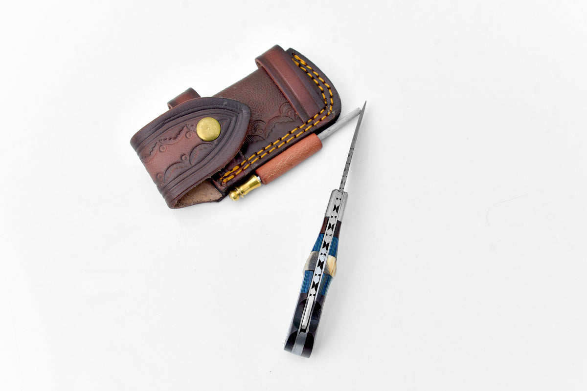 Damascus steel pocket knife TF-071 with blue pattern handle, in brown tooled leather sheath on Tampa Home & Garden Store