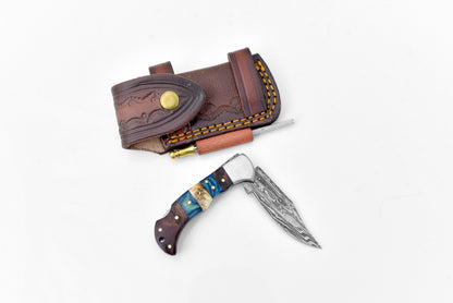 Damascus steel pocket knife TF-071 by Titan International K with brown leather sheath on Tampa Home & Garden Store