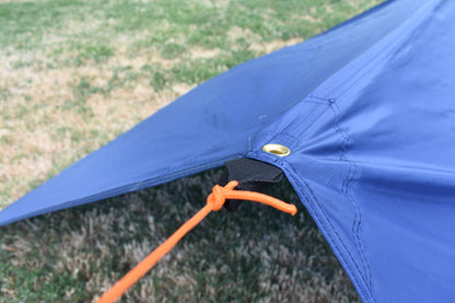 Blue hammock rain fly by River Country Gear with brass grommet and orange guy line on Tampa Home & Garden Store