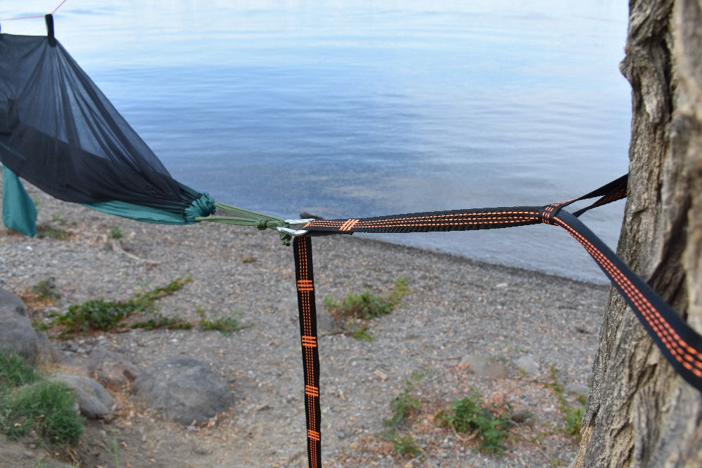 Hammock Tree Straps River Country Gear orange/black webbing securing a hammock to a tree on Tampa Home & Garden Store