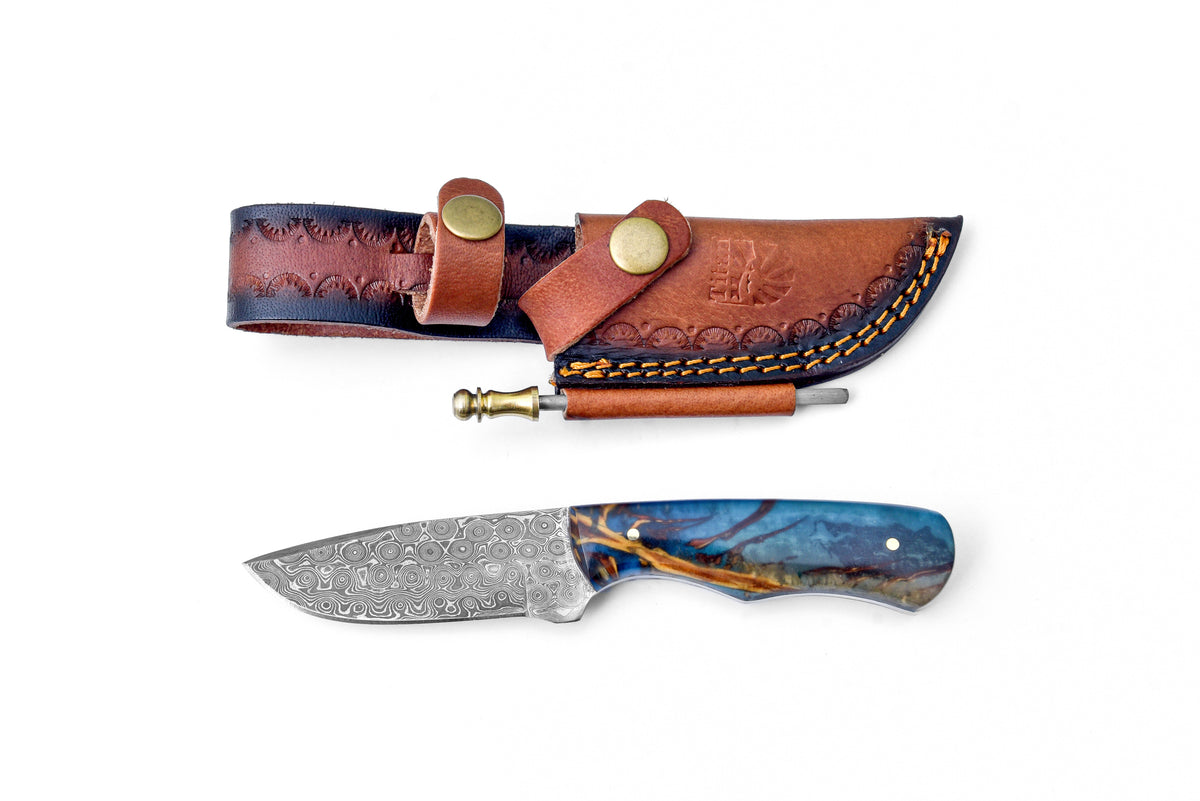 Forestborn TK-455 locking knife with Damascus blade and leather sheath Titan International K on Tampa Home & Garden Store