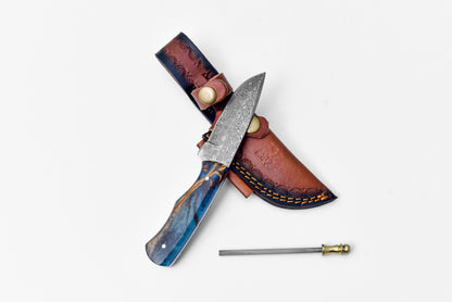 Forestborn TK-455 damascus blade knife with blue marbled handle in leather sheath Titan Int'l K on Tampa Home & Garden Store