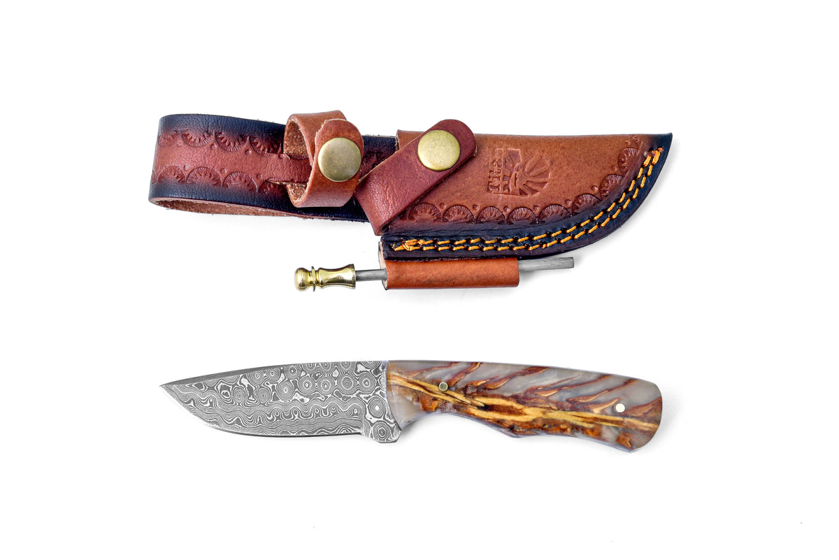 The Barkspire Blade TK-456 locking knife with Damascus blade and brown leather sheath on Tampa Home & Garden Store