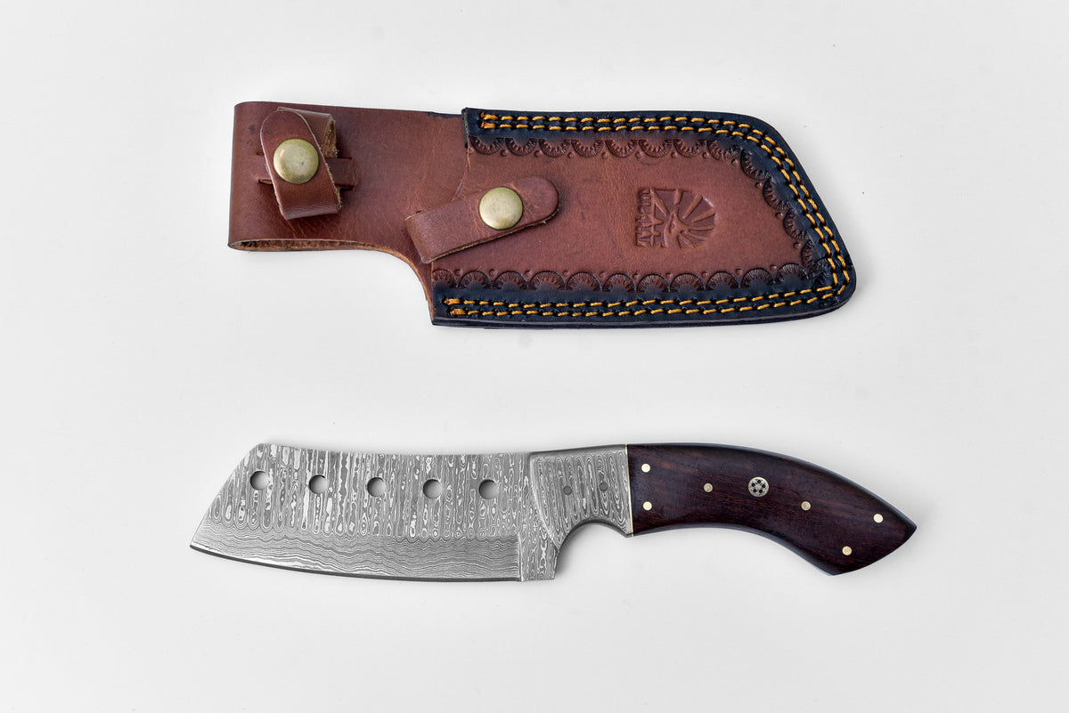 Titan Highland Cleaver TK-220 Damascus steel blade with wooden handle beside leather sheath on Tampa Home & Garden Store