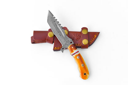 Flamed Vanguard TK-109 Damascus Tracker knife with orange handle in leather sheath on Tampa Home & Garden Store