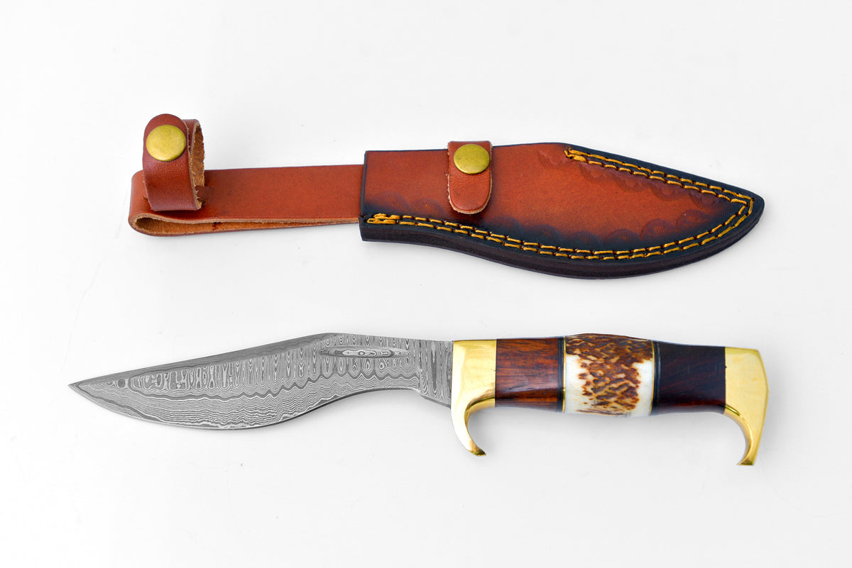 Damascus steel chopping tool knife with stag antler walnut wood brass handle leather sheath on Tampa Home & Garden Store