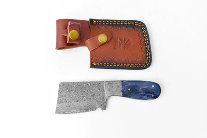 Titan EDC mini cleaver with Damascus blade and dyed bone handle in brown leather sheath on Tampa Home & Garden Store