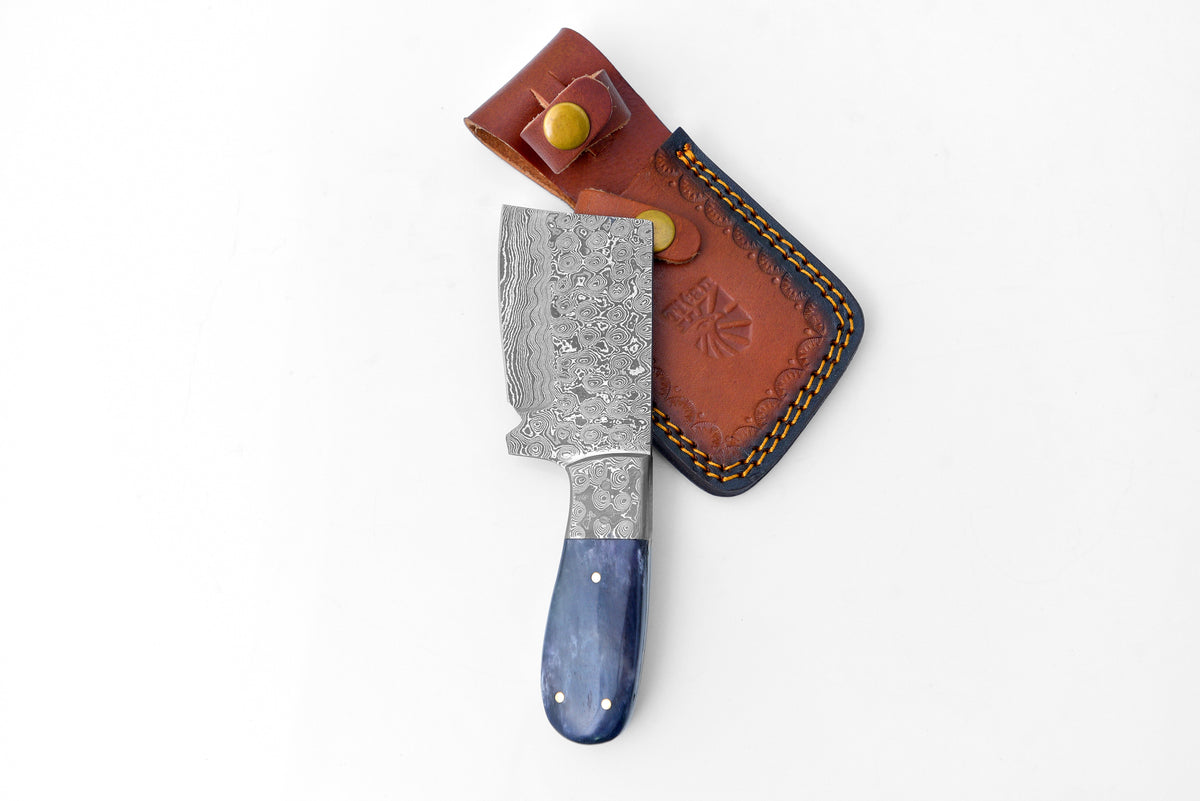 EDC mini cleaver by Titan with Damascus blade and dyed bone handle in blue, leather sheath on Tampa Home & Garden Store
