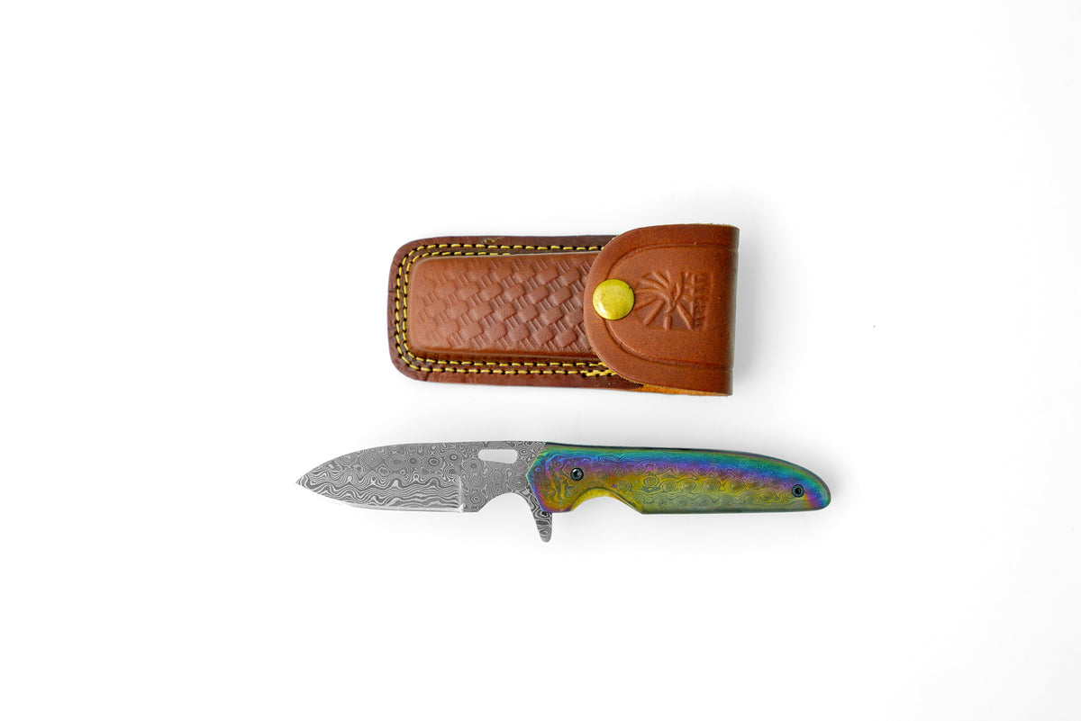 Damascus steel pocket knife TF-056 by Titan International K with rainbow handle leather sheath on Tampa Home & Garden Store