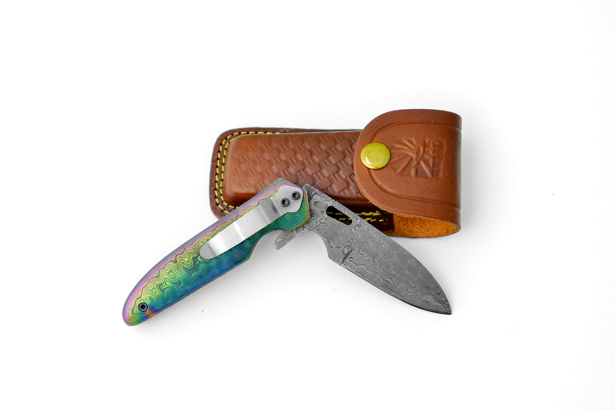 Damascus steel pocket knife TF-056, rainbow handle, damascus blade, leather sheath on Tampa Home & Garden Store