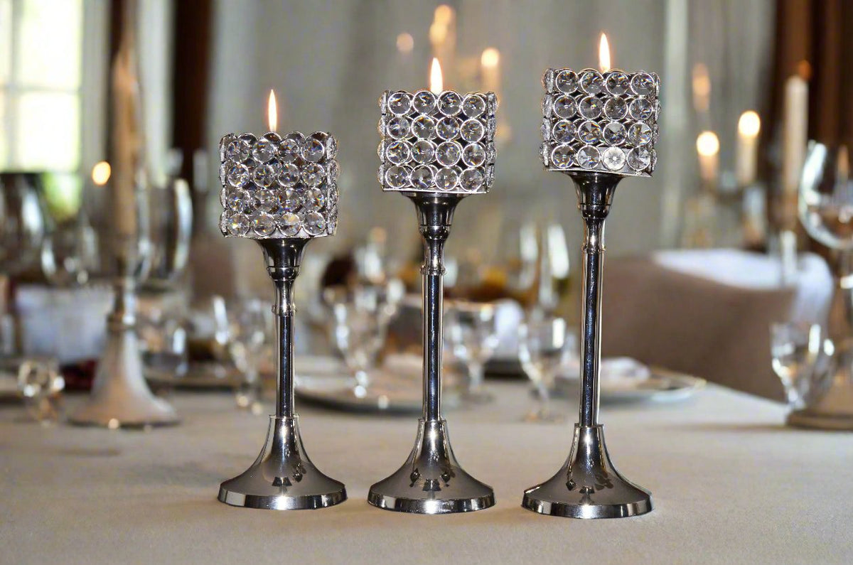Vibhsa Crystal Hurricane Candle Holders set of 3 in silver nickel finish 10/11/12 in on Tampa Home & Garden Store