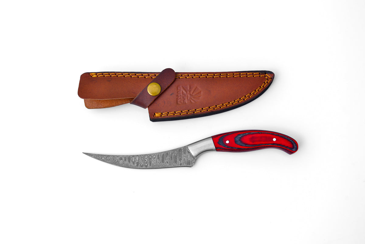 Damascus Compact Fillet Knife TK-205 with red/black handle and patterned blade in leather sheath on Tampa Home & Garden Store