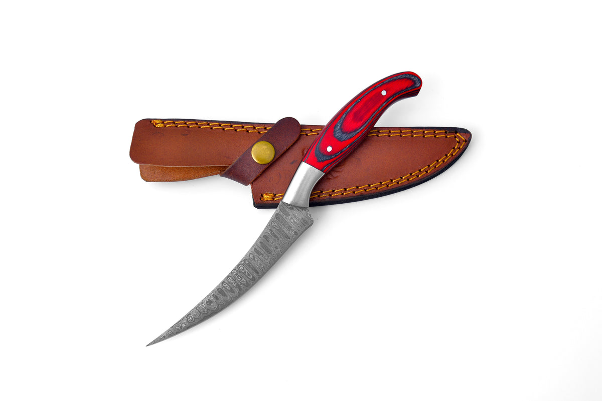 Damascus Compact Fillet Knife TK-205 by Titan Int'l K with red marbled handle in leather sheath on Tampa Home & Garden Store