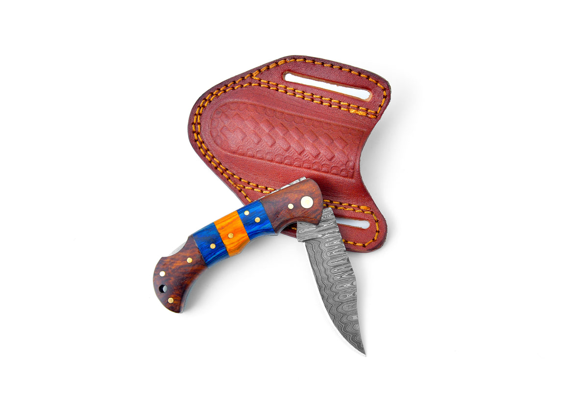 Damascus pocket knife TF-058 with colorful wood handle and damascus blade on red leather sheath on Tampa Home & Garden Store