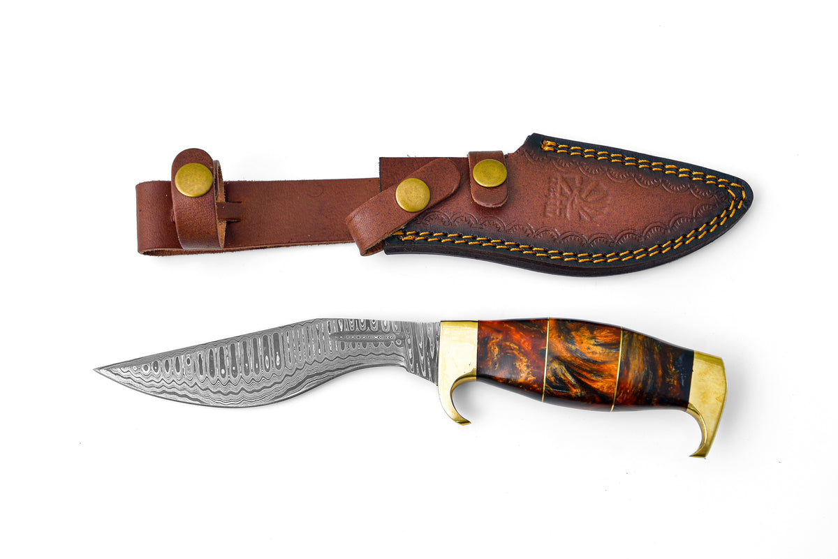 Titan International K Damascus Galaxy outdoor utility knife with orange resin brass handle on Tampa Home & Garden Store