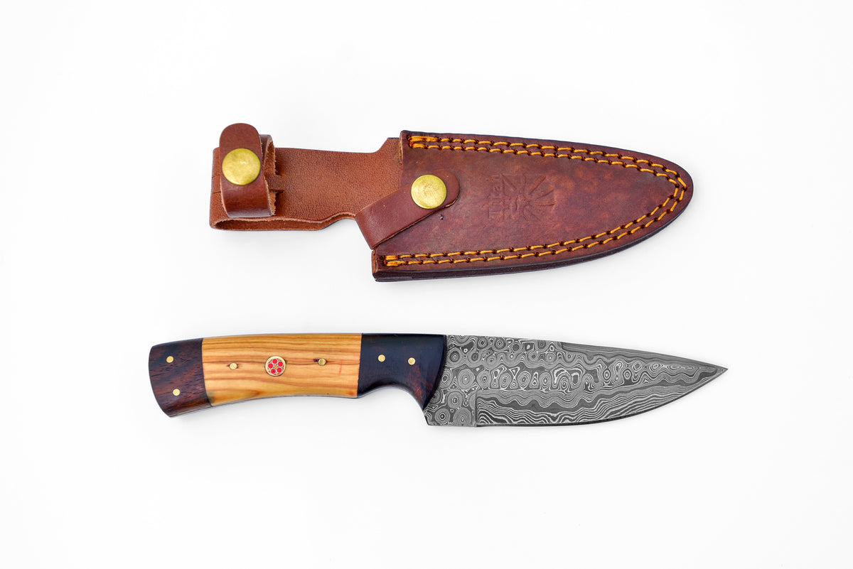 9'' TD-087 Ever Outdoor knife blade with Damascus pattern and wood handle in brown leather sheath on Tampa Home & Garden Store