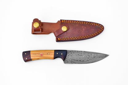 9'' TD-087 Ever Outdoor knife blade with Damascus pattern and wood handle in brown leather sheath on Tampa Home & Garden Store