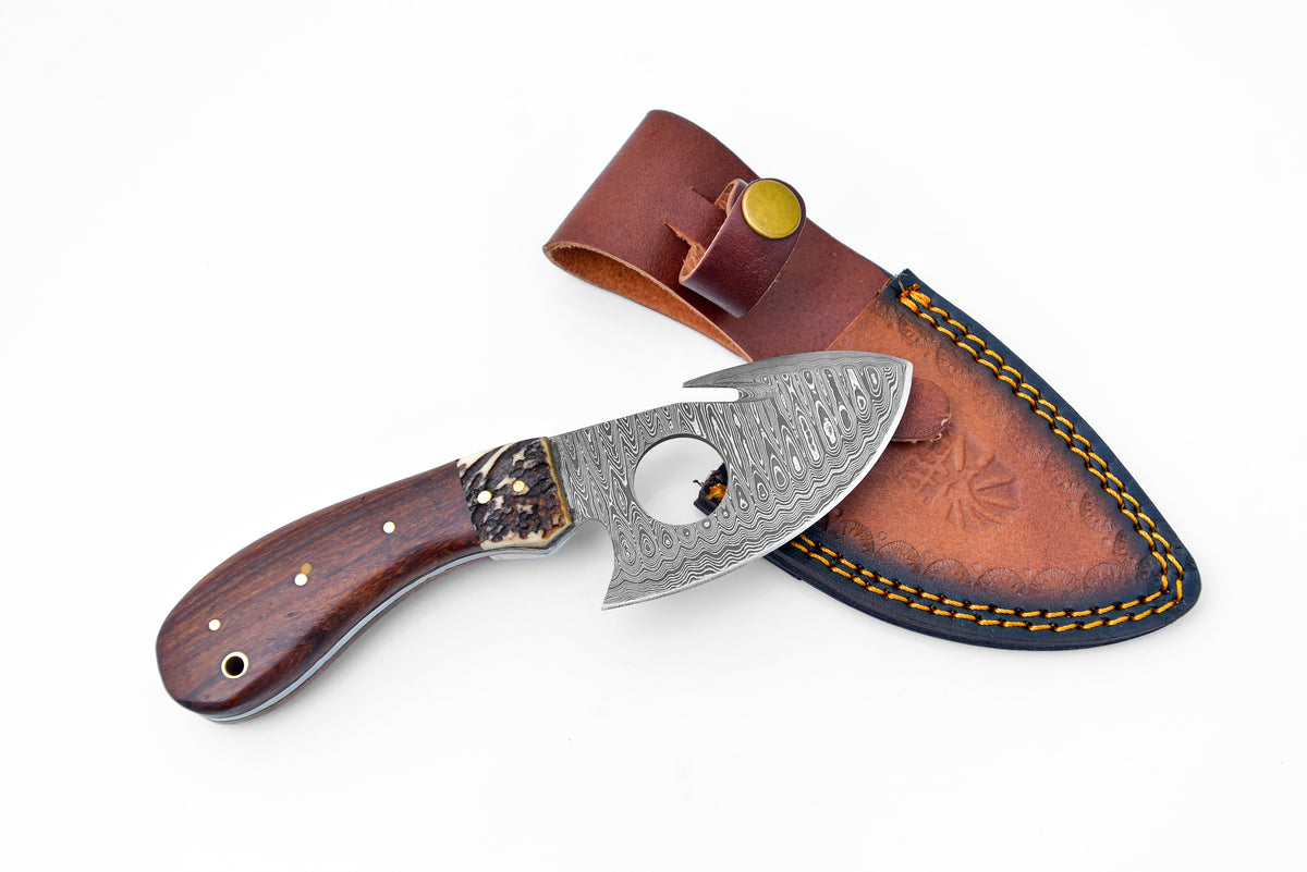 TD-006 Titan International K Damascus fixed knife with wood handle and brown leather sheath on Tampa Home & Garden Store