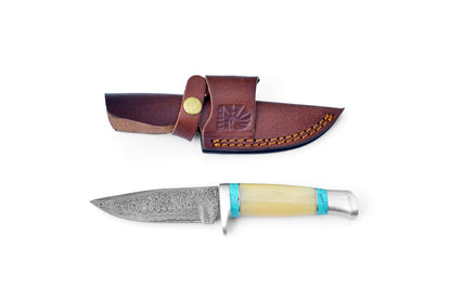 Damascus hunting knife in brown leather sheath with brass snap strap TK-111 Titan on Tampa Home & Garden Store