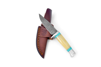 Damascus knife TK-111 by Titan with bone handle, turquoise spacer, and leather sheath on Tampa Home & Garden Store