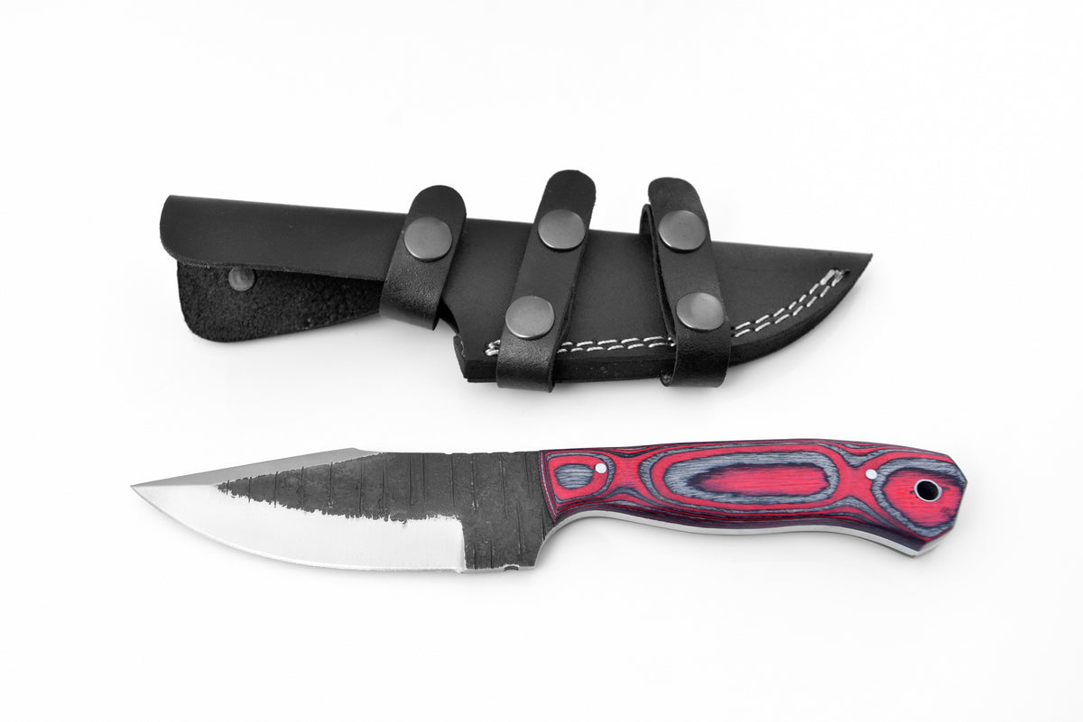 High carbon steel utility knife TC-104 with red/black patterned handle and leather sheath on Tampa Home & Garden Store