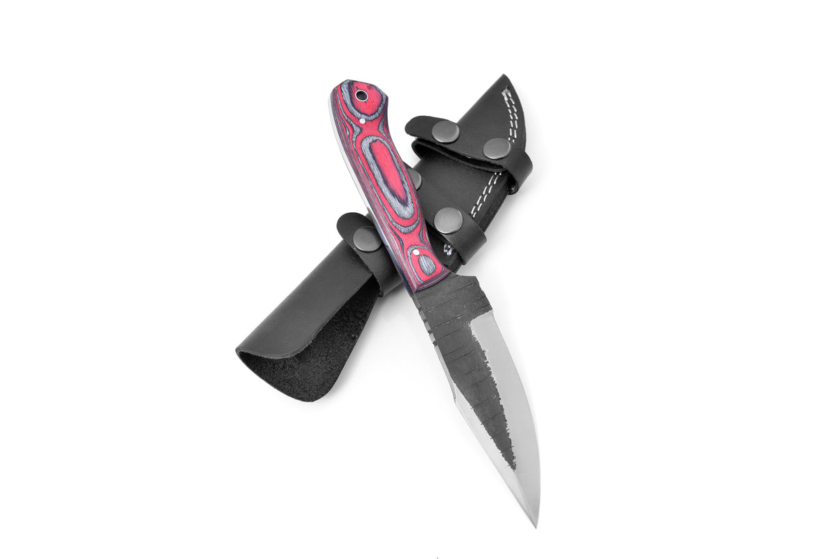 High carbon steel utility knife TC-104 by Titan K with red-black marbled handle and sheath on Tampa Home & Garden Store