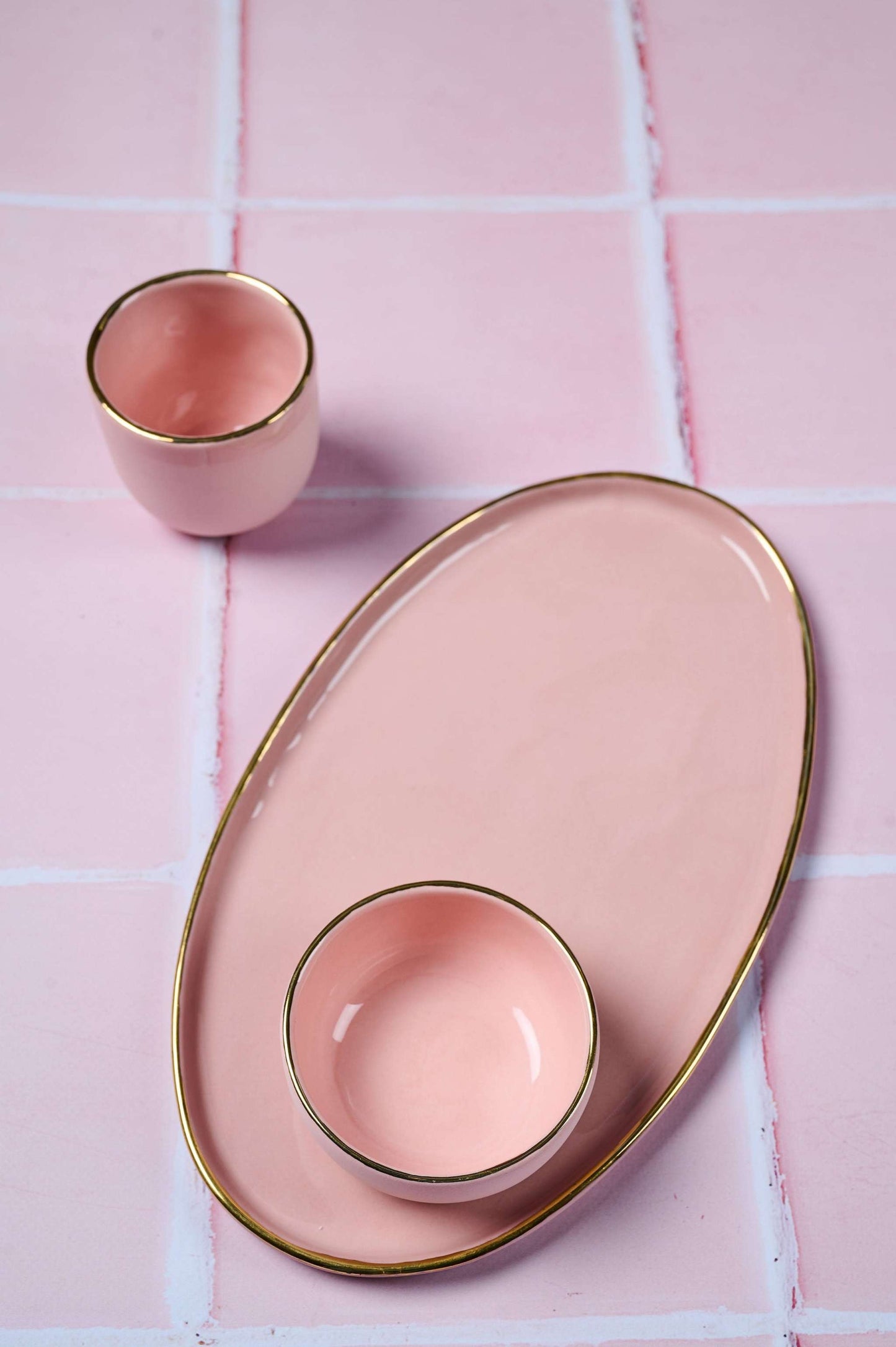 Handmade Oval Porcelain Platter and Gold Rim Pink
