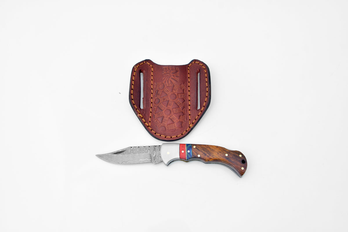 Damascus steel pocket knife with walnut/diamond wood handle TF-051 leather sheath on Tampa Home & Garden Store