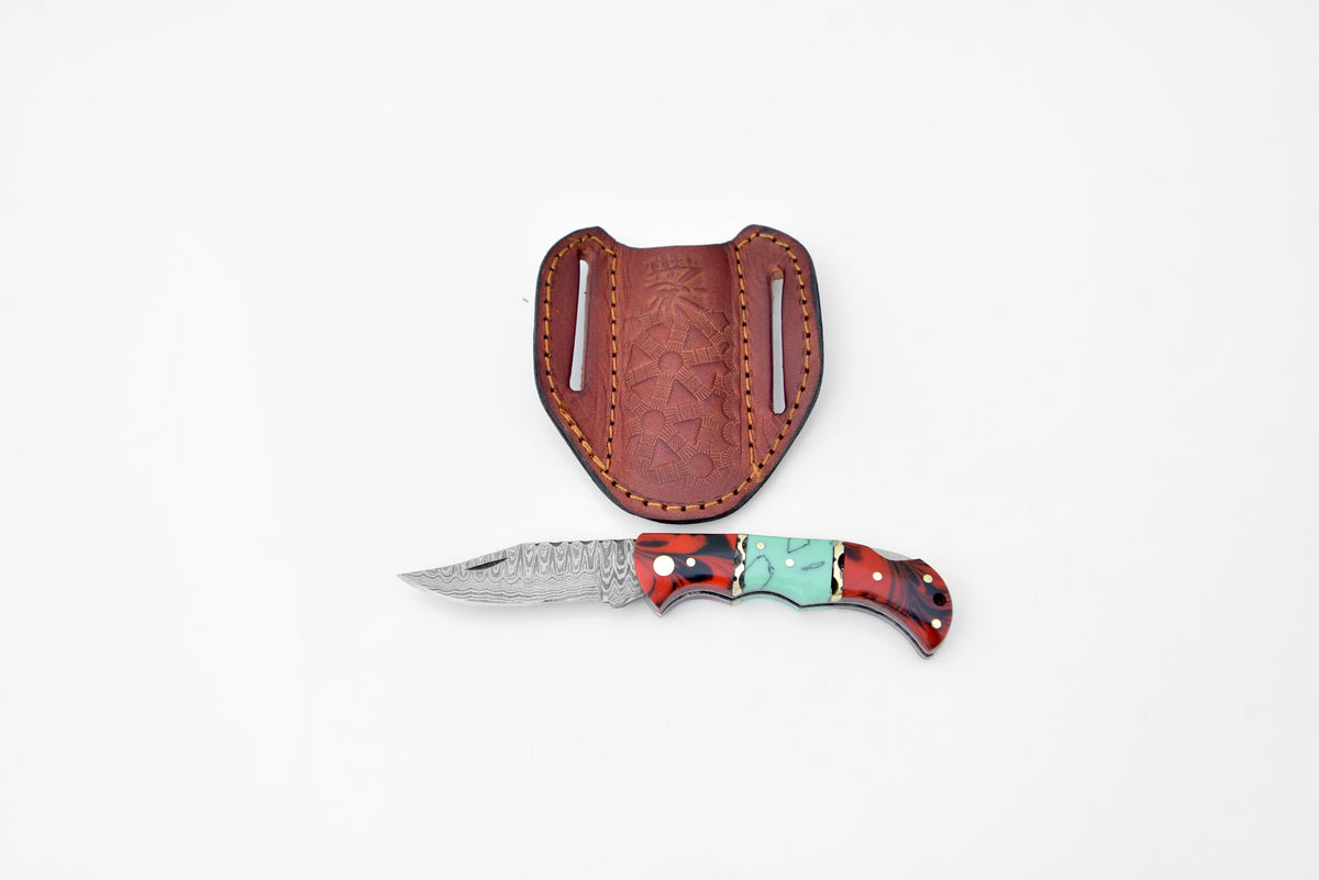 Damascus steel pocket knife TF-050 with red and blue resin handle by Titan International K on Tampa Home & Garden Store
