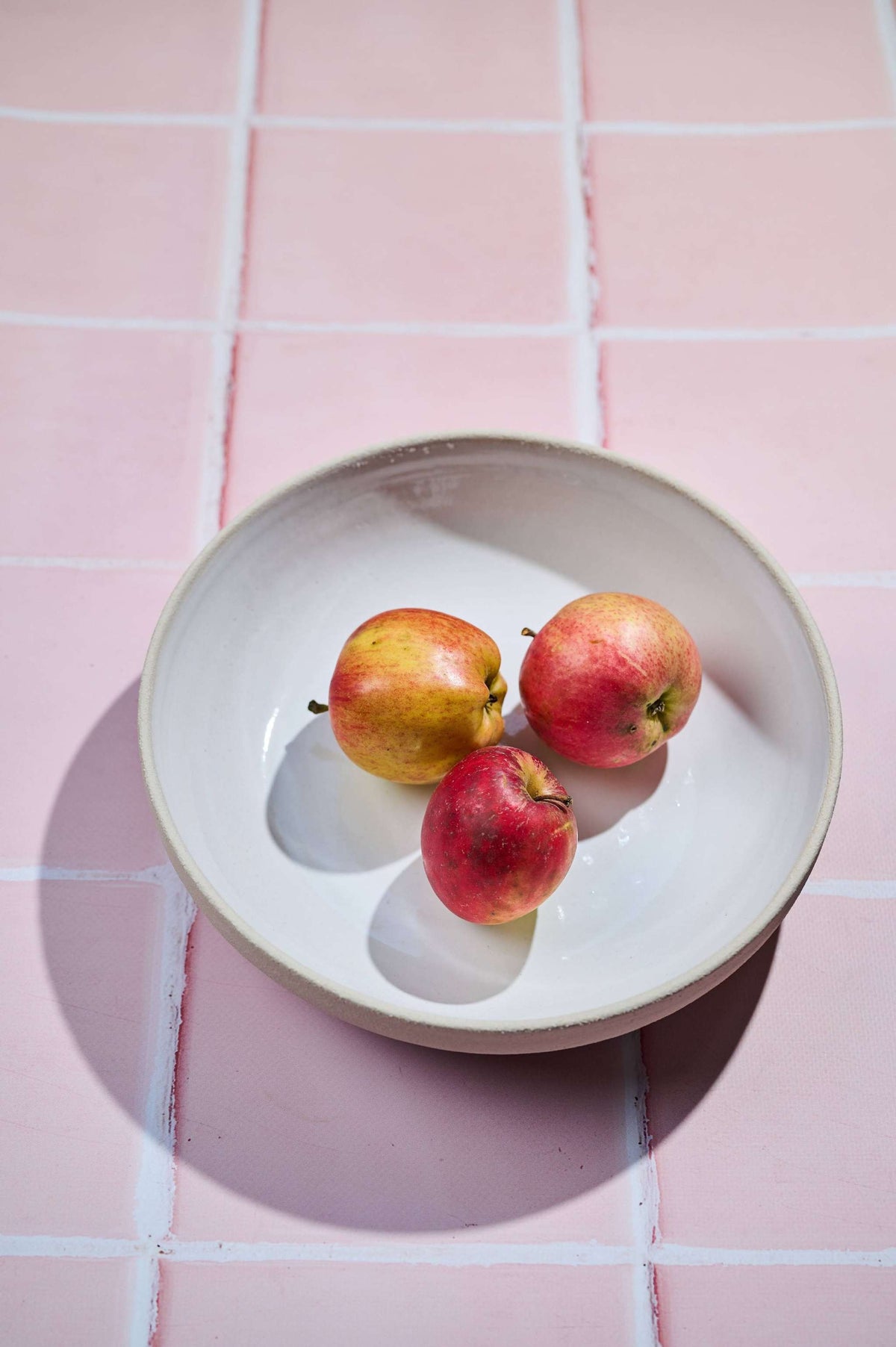 Handmade stoneware pasta bowl with white interior and beige rim holding apples on Tampa Home & Garden Store