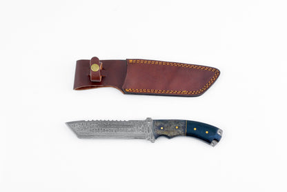 Damascus TD-039 knife by Titan Intl K with blue handle and patterned blade in leather sheath on Tampa Home & Garden Store