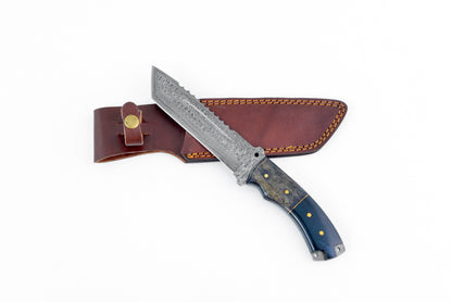 Damascus steel knife TD-039 with blade and blue-gray handle on brown leather sheath on Tampa Home & Garden Store