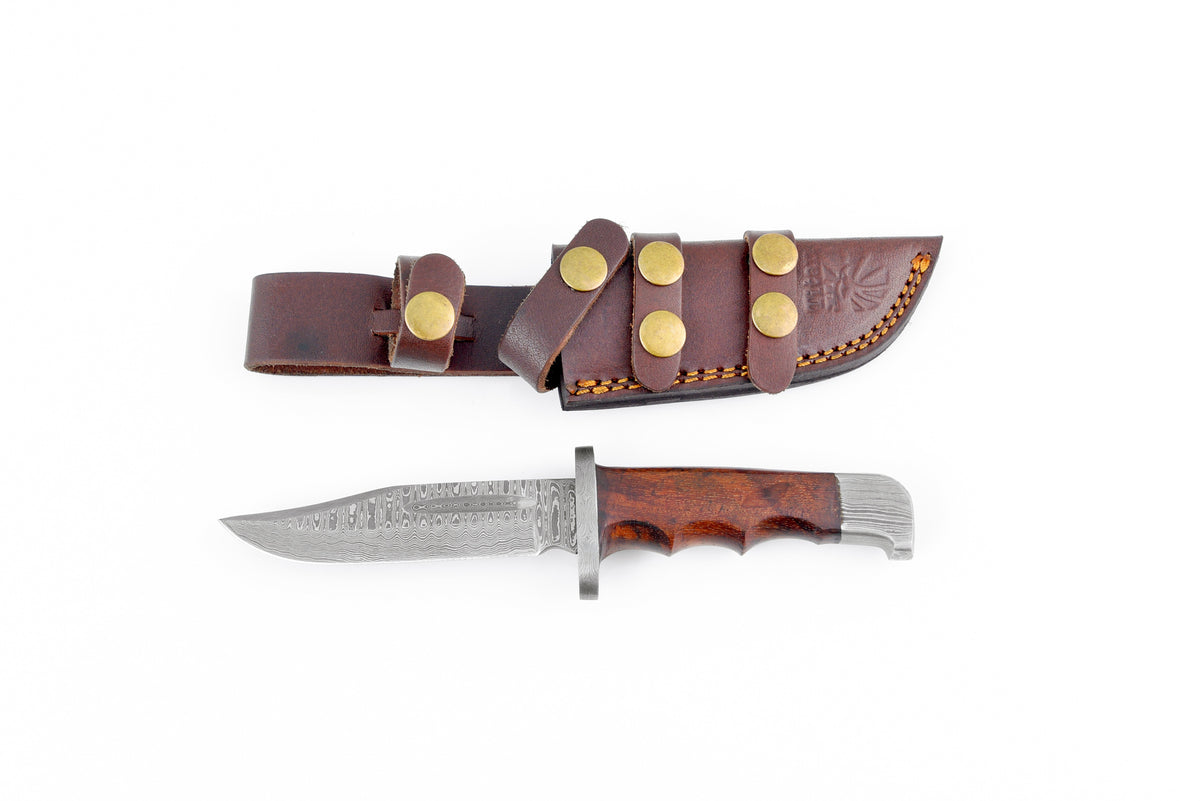 Damascus hunting knife with full tang and damascus hilt, brown leather sheath, Titan brand on Tampa Home & Garden Store