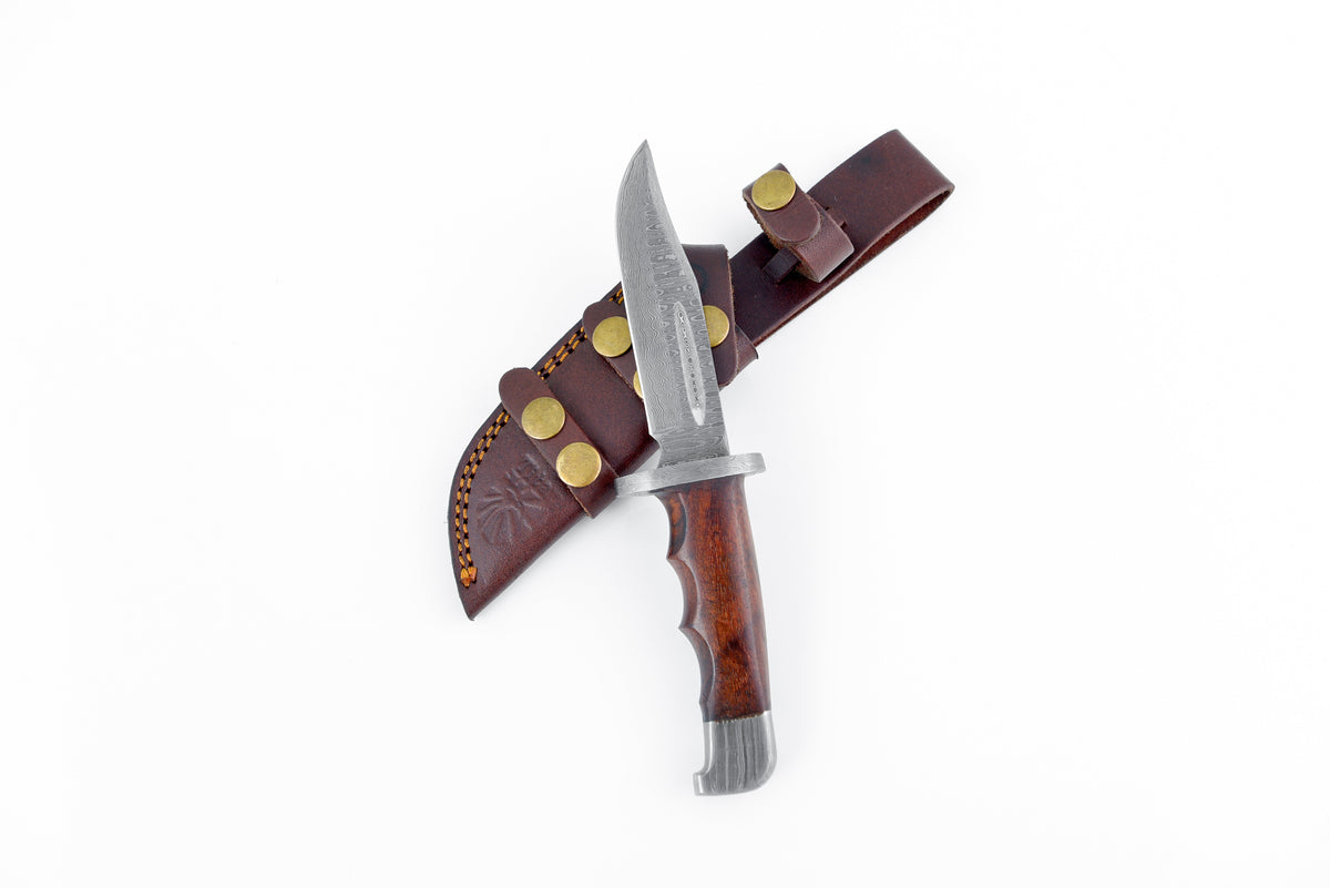 Damascus hunting knife, full tang, Damascus blade and wood handle in brown leather sheath on Tampa Home & Garden Store